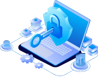 Cybersecurity illustration with shield and laptop